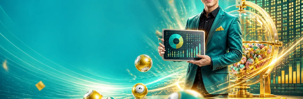 Banner xổ số 99win với bảng số phát sáng và nhân vật dẫn chương trình