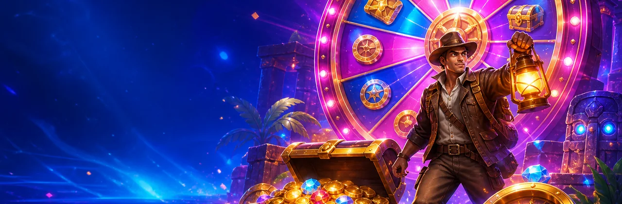 Banner game quay thưởng với vòng quay và rương kho báu phát sáng